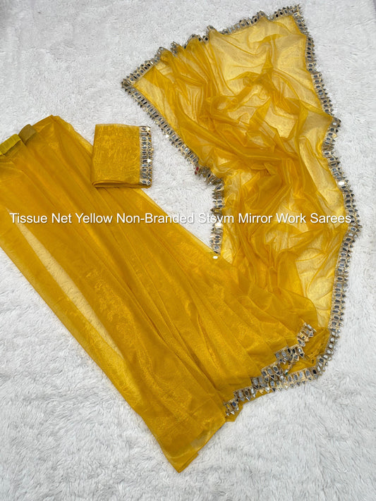 Tissue Net Yellow Non-Branded Stsvm Mirror Work Sarees