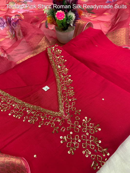 Tomato Pink Stscc Roman Silk Readymade Suits