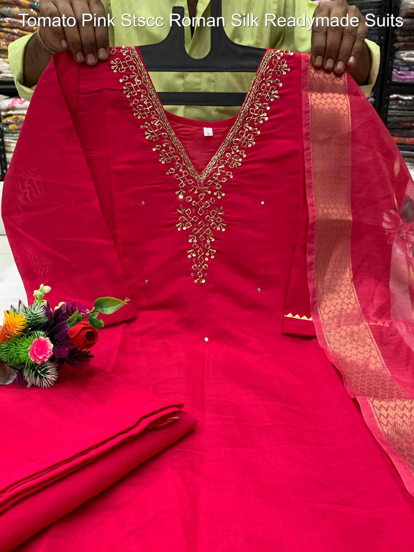 Tomato Pink Stscc Roman Silk Readymade Suits