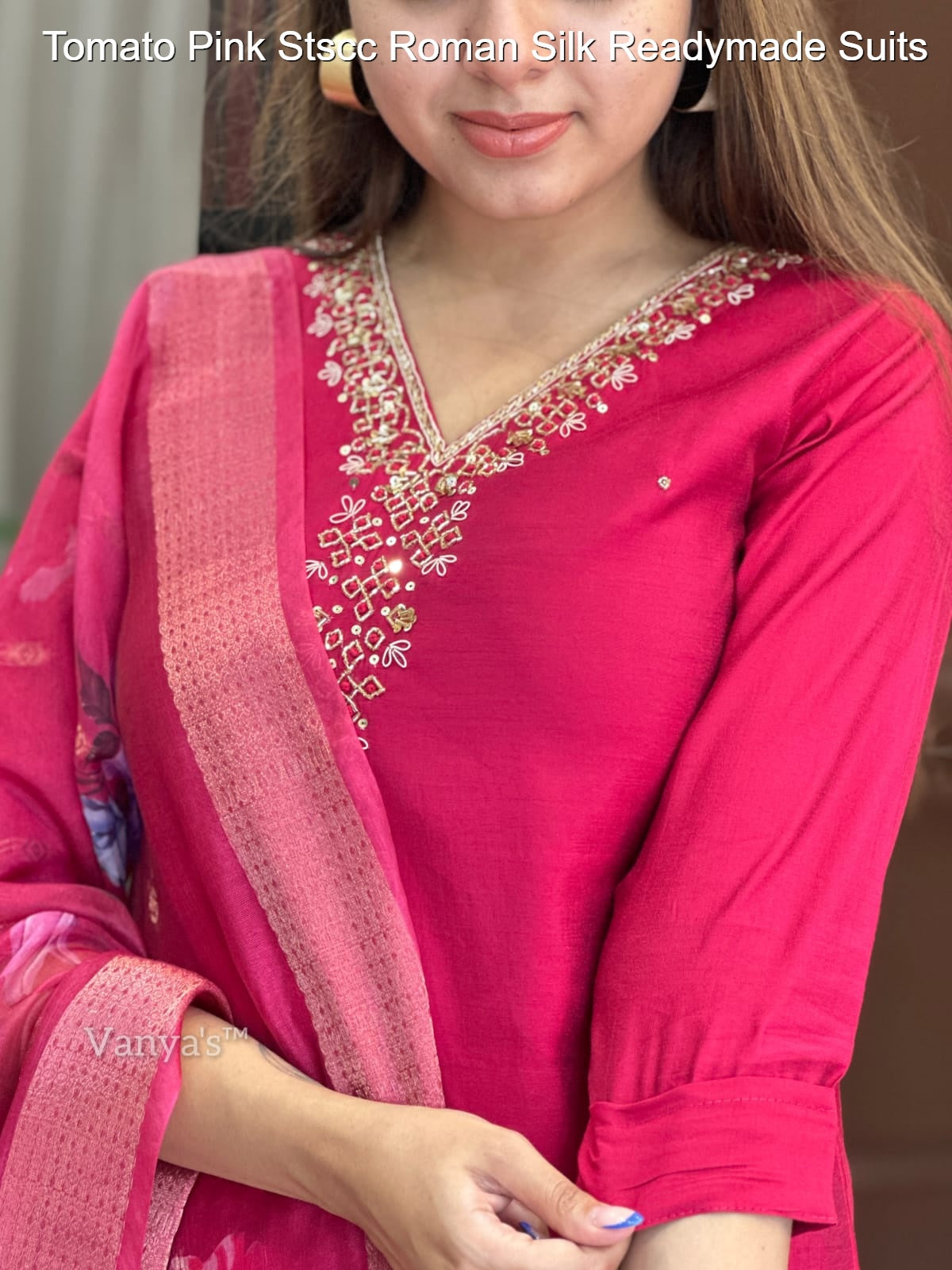 Tomato Pink Stscc Roman Silk Readymade Suits