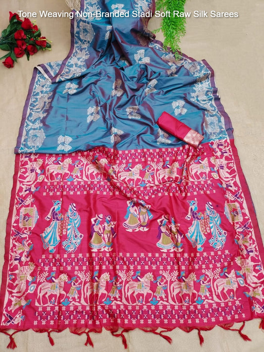 Tone Weaving Non-Branded Stadi Soft Raw Silk Sarees