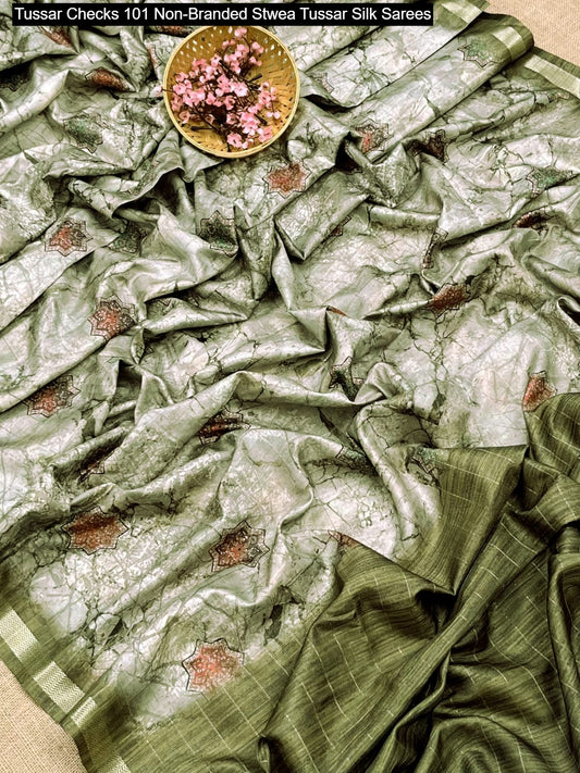 Tussar Checks 101 Non-Branded Stwea Tussar Silk Sarees