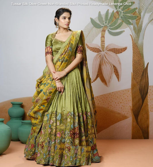 Tussar Silk Olive Green Non-Branded Stkri Printed Readymade Lehenga Choli