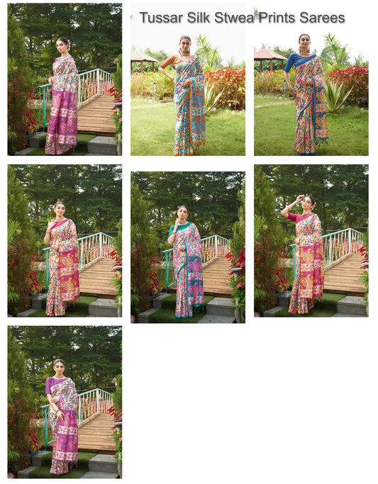 Tussar Silk Stwea Prints Sarees