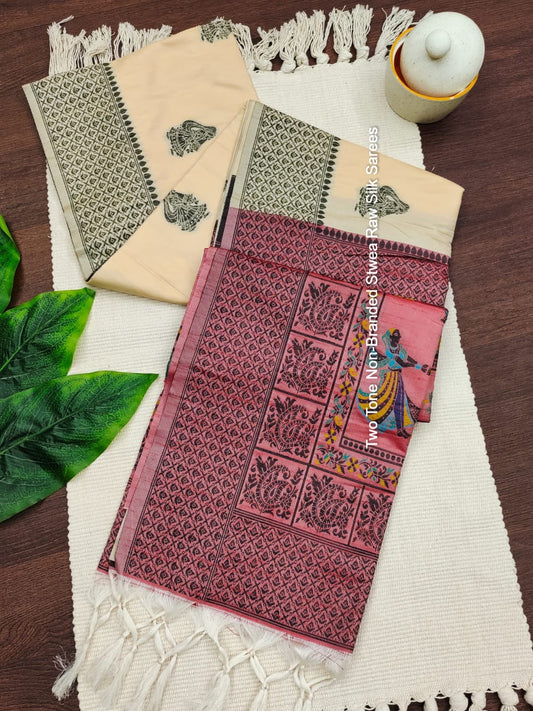 Two Tone Non-Branded Stwea Raw Silk Sarees