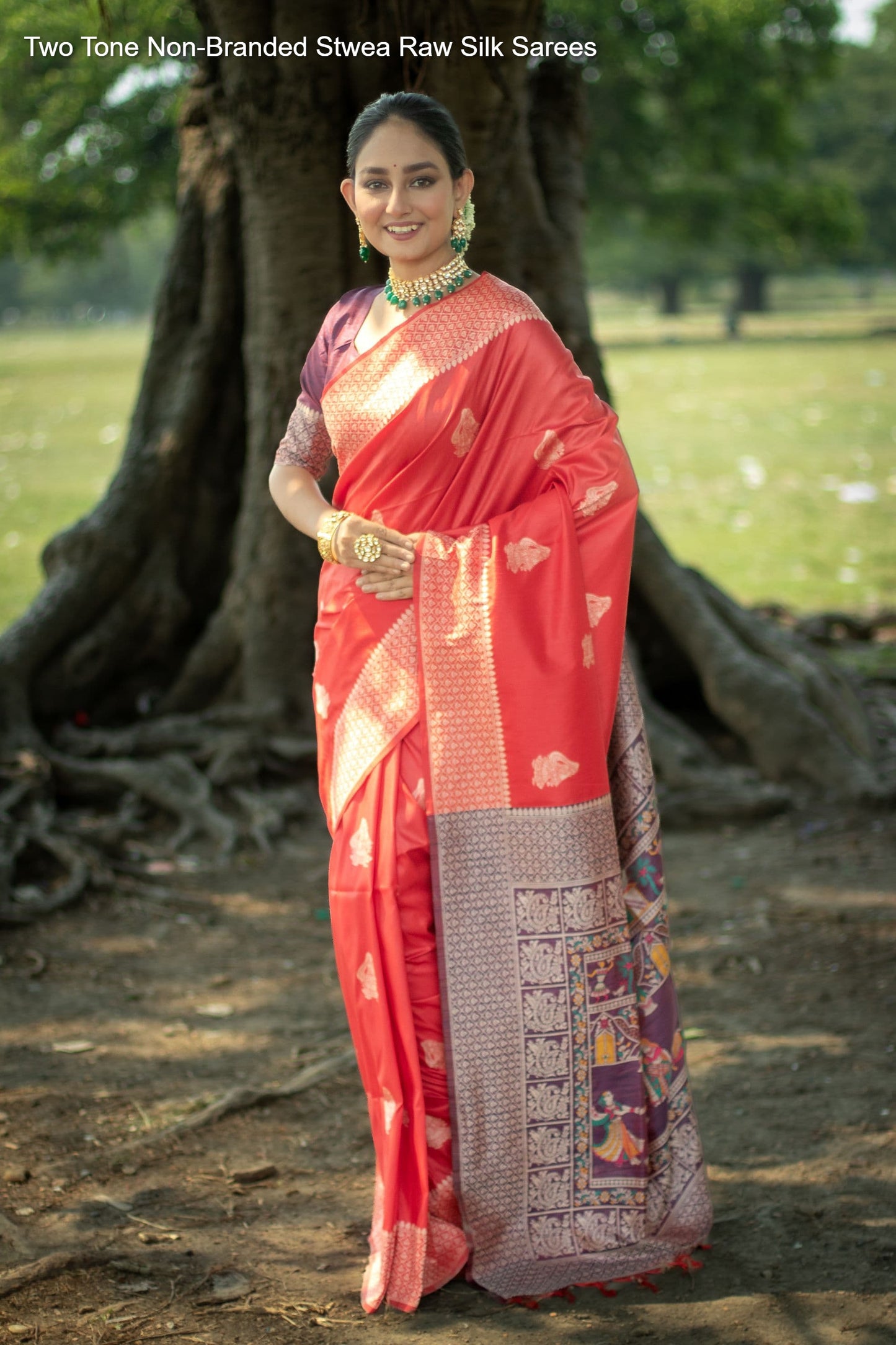 Two Tone Non-Branded Stwea Raw Silk Sarees
