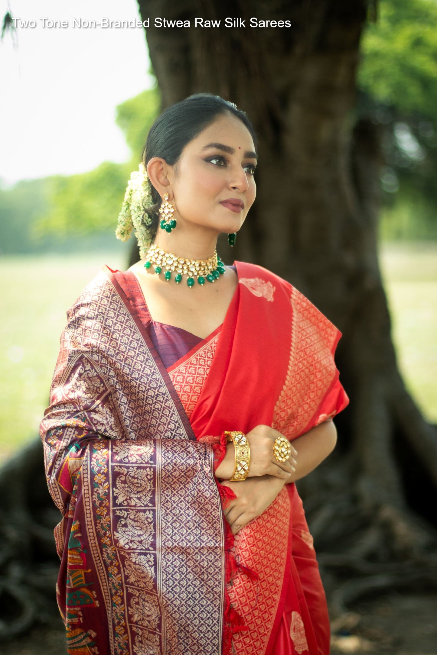 Two Tone Non-Branded Stwea Raw Silk Sarees