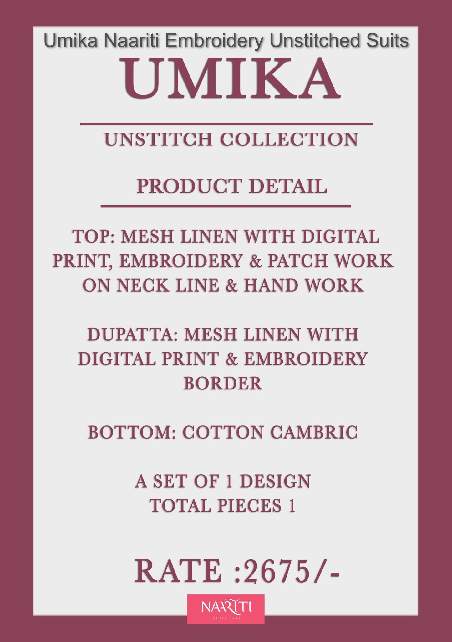 Umika Naariti Embroidery Unstitched Suits