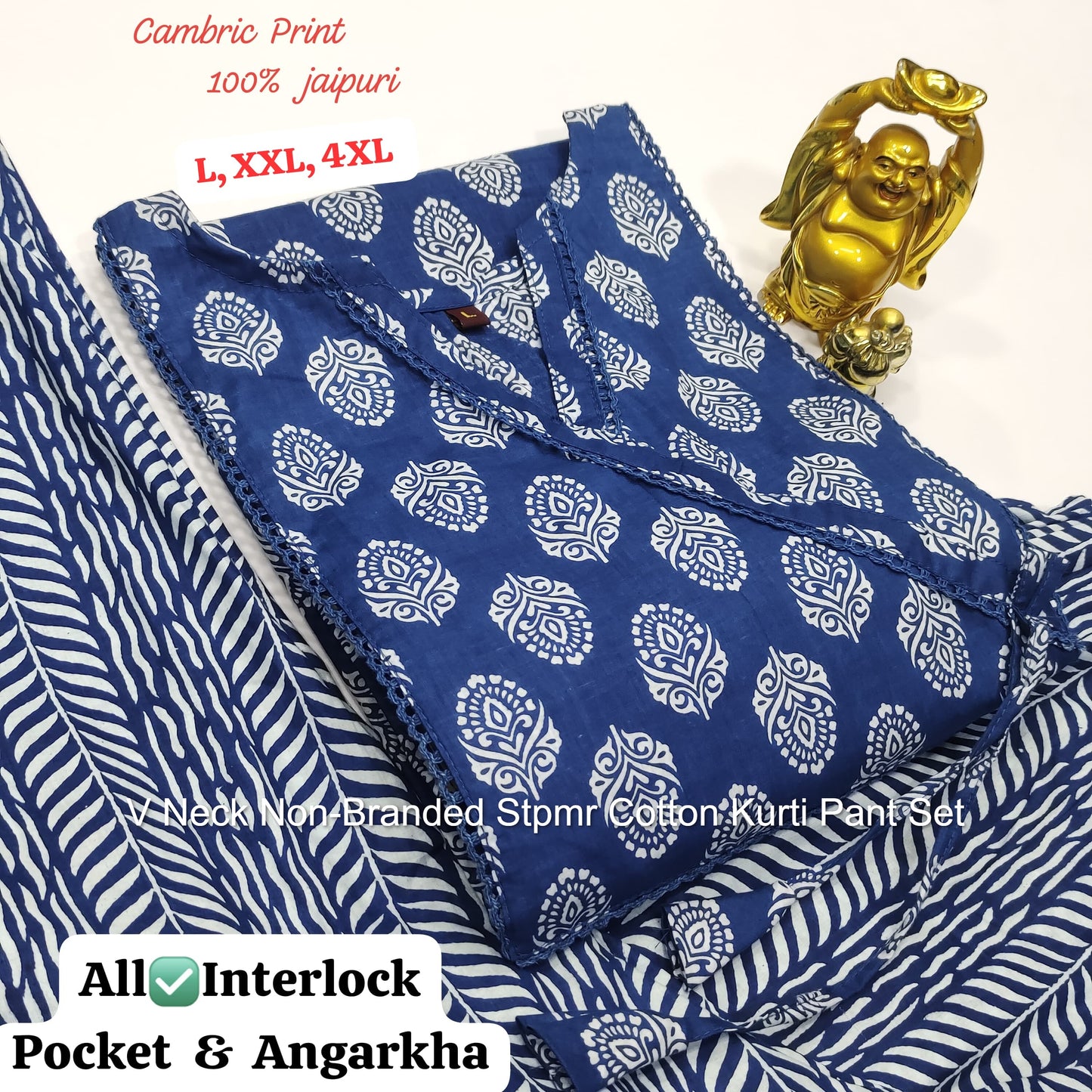 V Neck Non-Branded Stpmr Cotton Kurti Pant Set