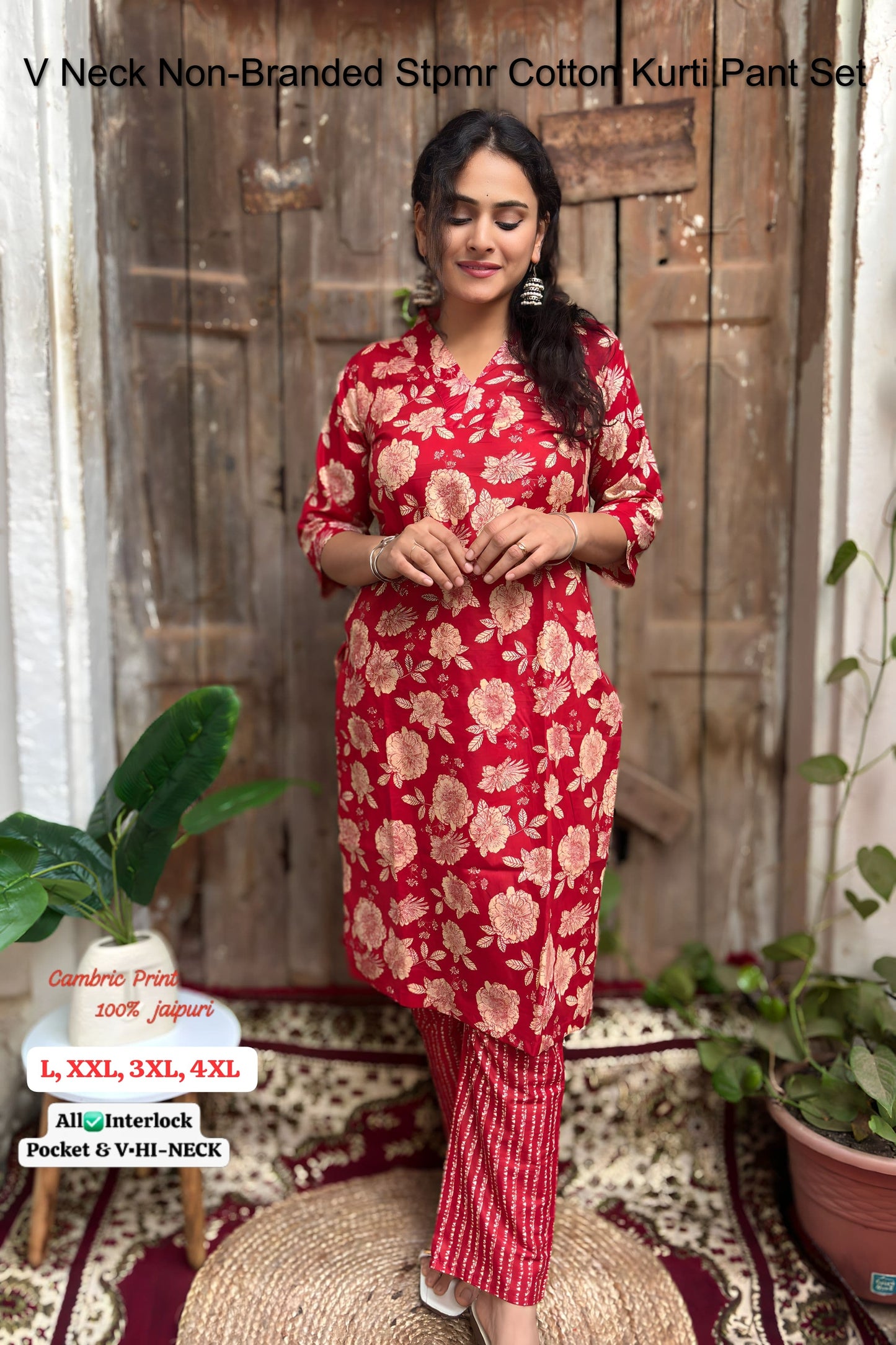 V Neck Non-Branded Stpmr Cotton Kurti Pant Set