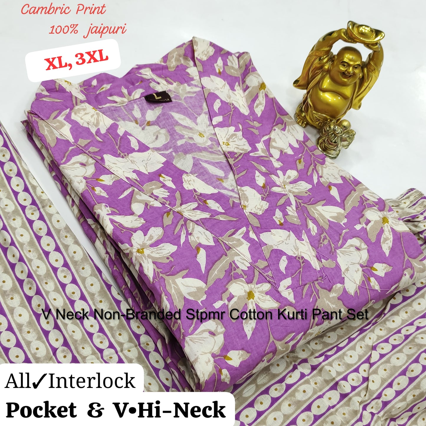 V Neck Non-Branded Stpmr Cotton Kurti Pant Set