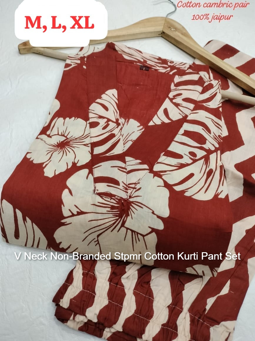 V Neck Non-Branded Stpmr Cotton Kurti Pant Set