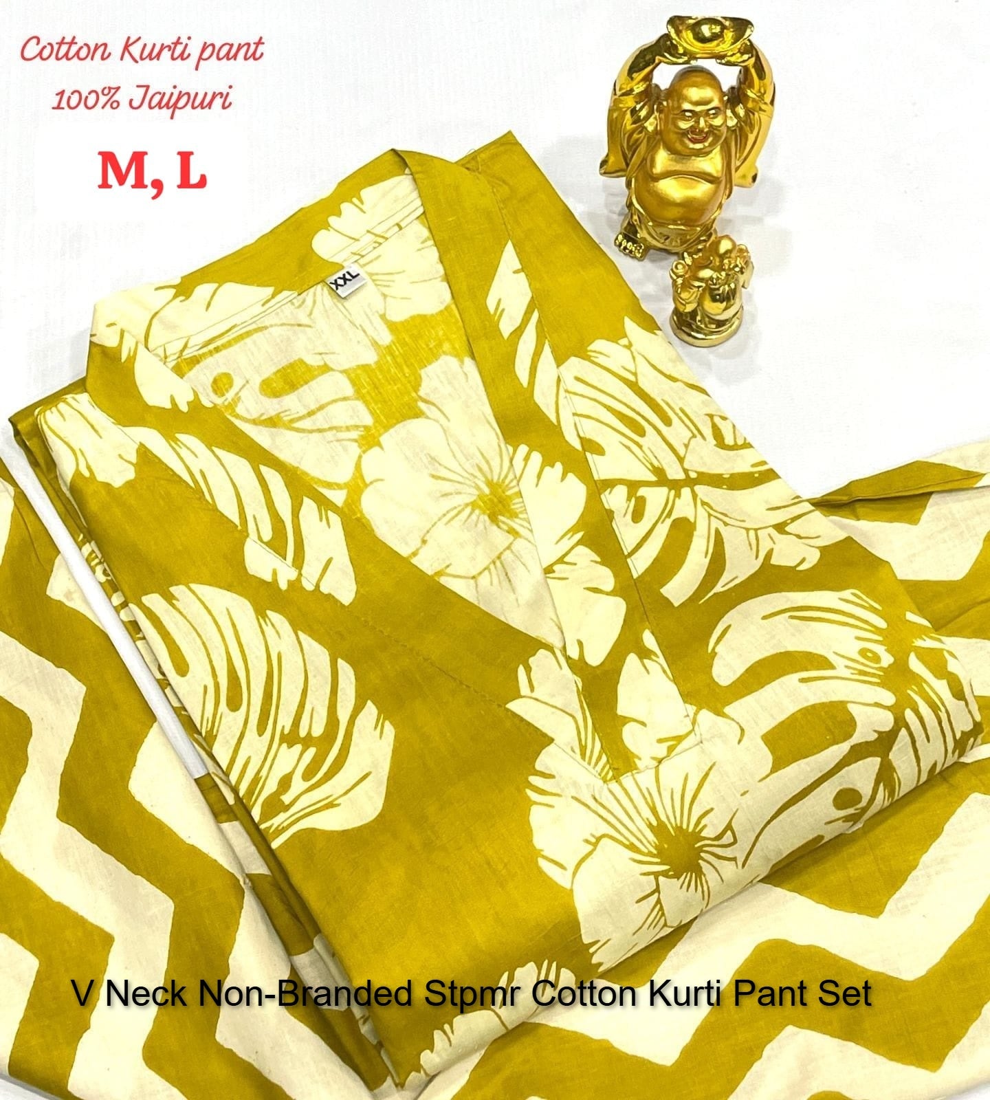 V Neck Non-Branded Stpmr Cotton Kurti Pant Set