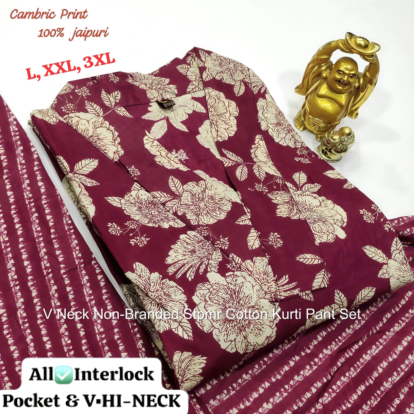 V Neck Non-Branded Stpmr Cotton Kurti Pant Set