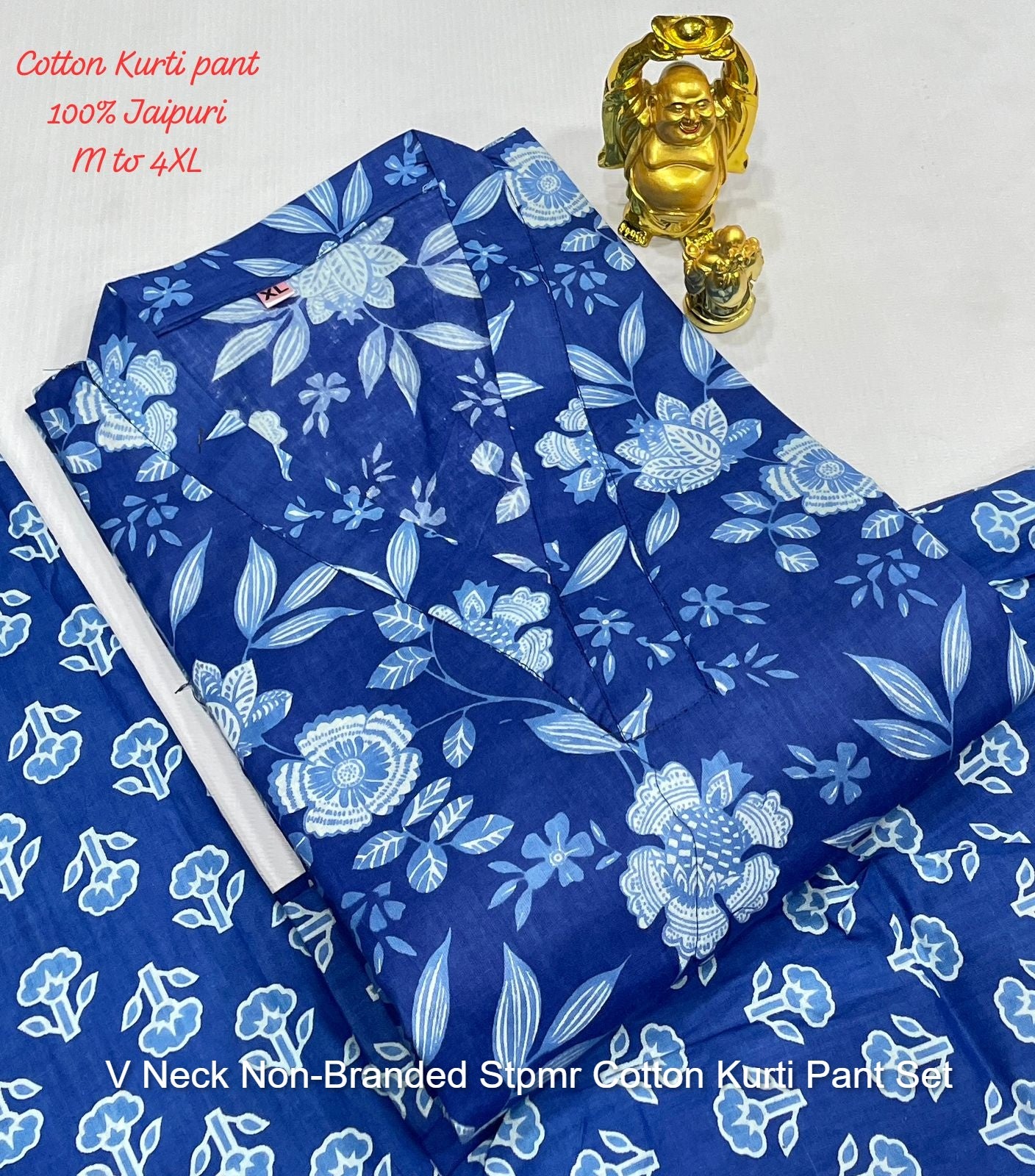 V Neck Non-Branded Stpmr Cotton Kurti Pant Set