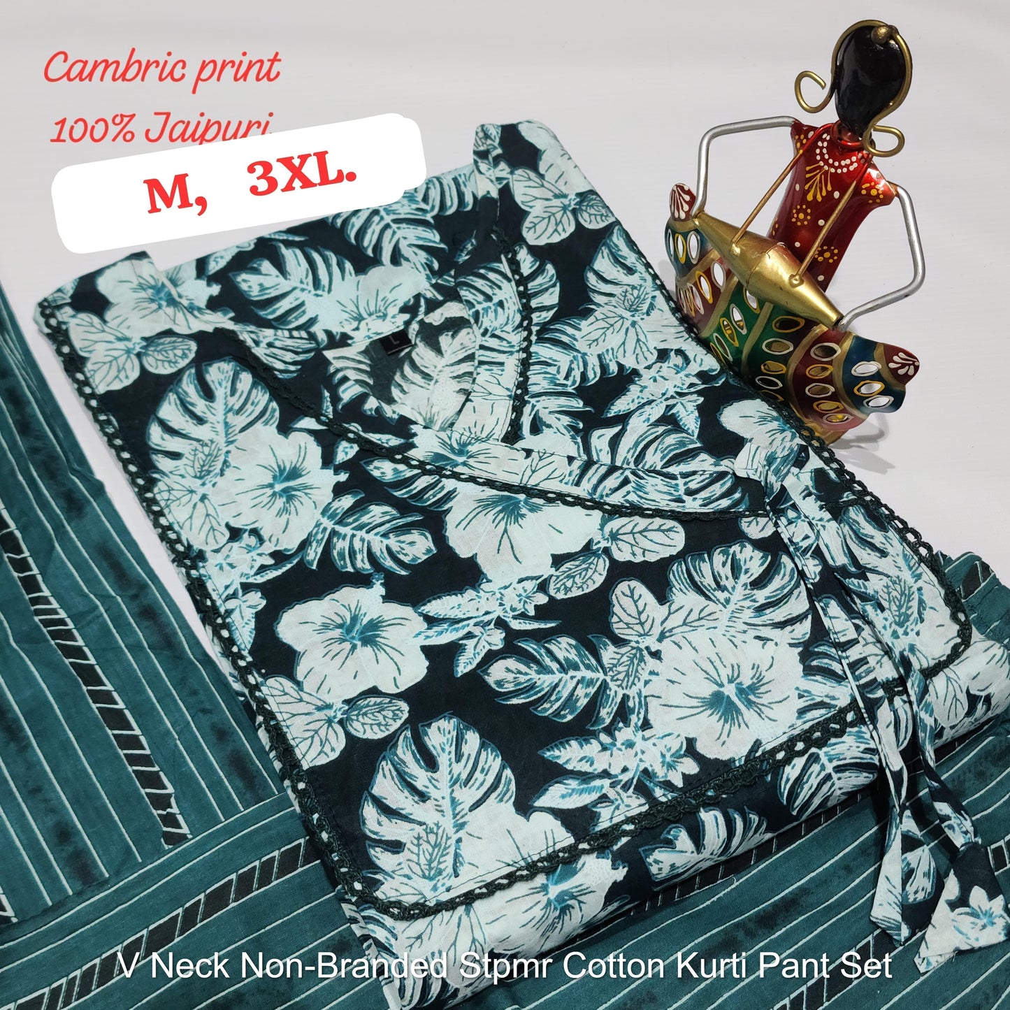 V Neck Non-Branded Stpmr Cotton Kurti Pant Set