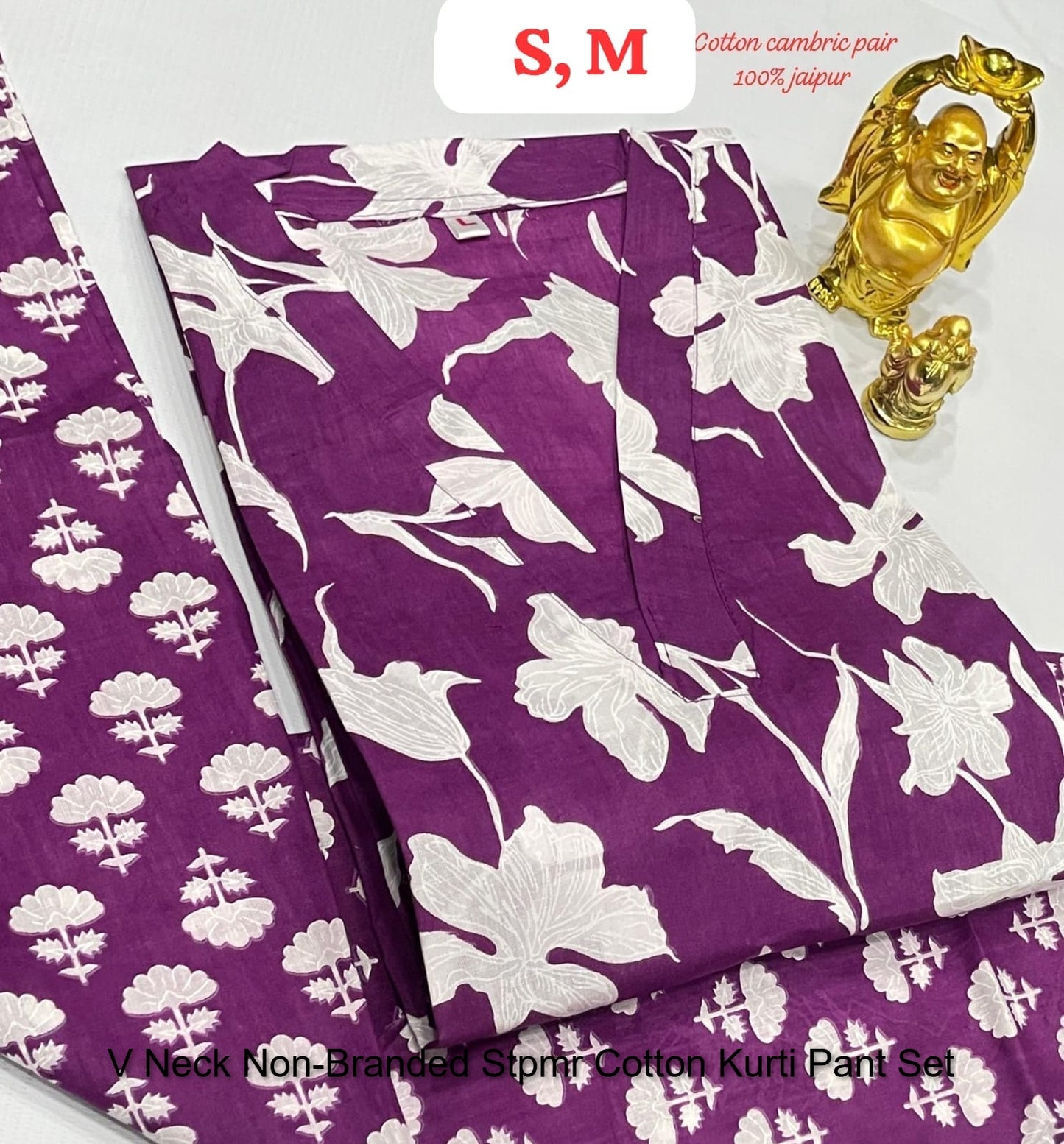 V Neck Non-Branded Stpmr Cotton Kurti Pant Set