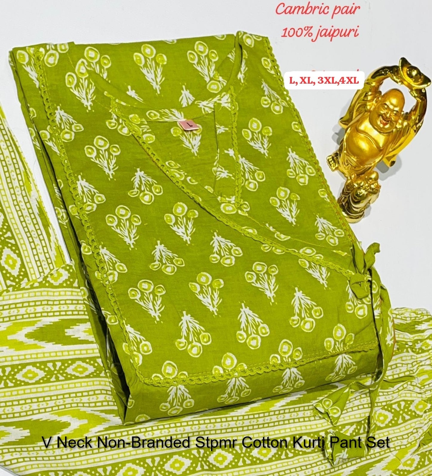 V Neck Non-Branded Stpmr Cotton Kurti Pant Set