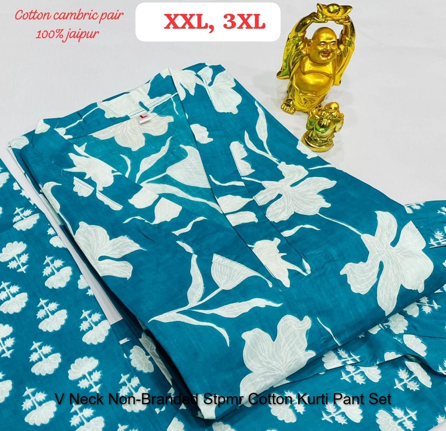 V Neck Non-Branded Stpmr Cotton Kurti Pant Set