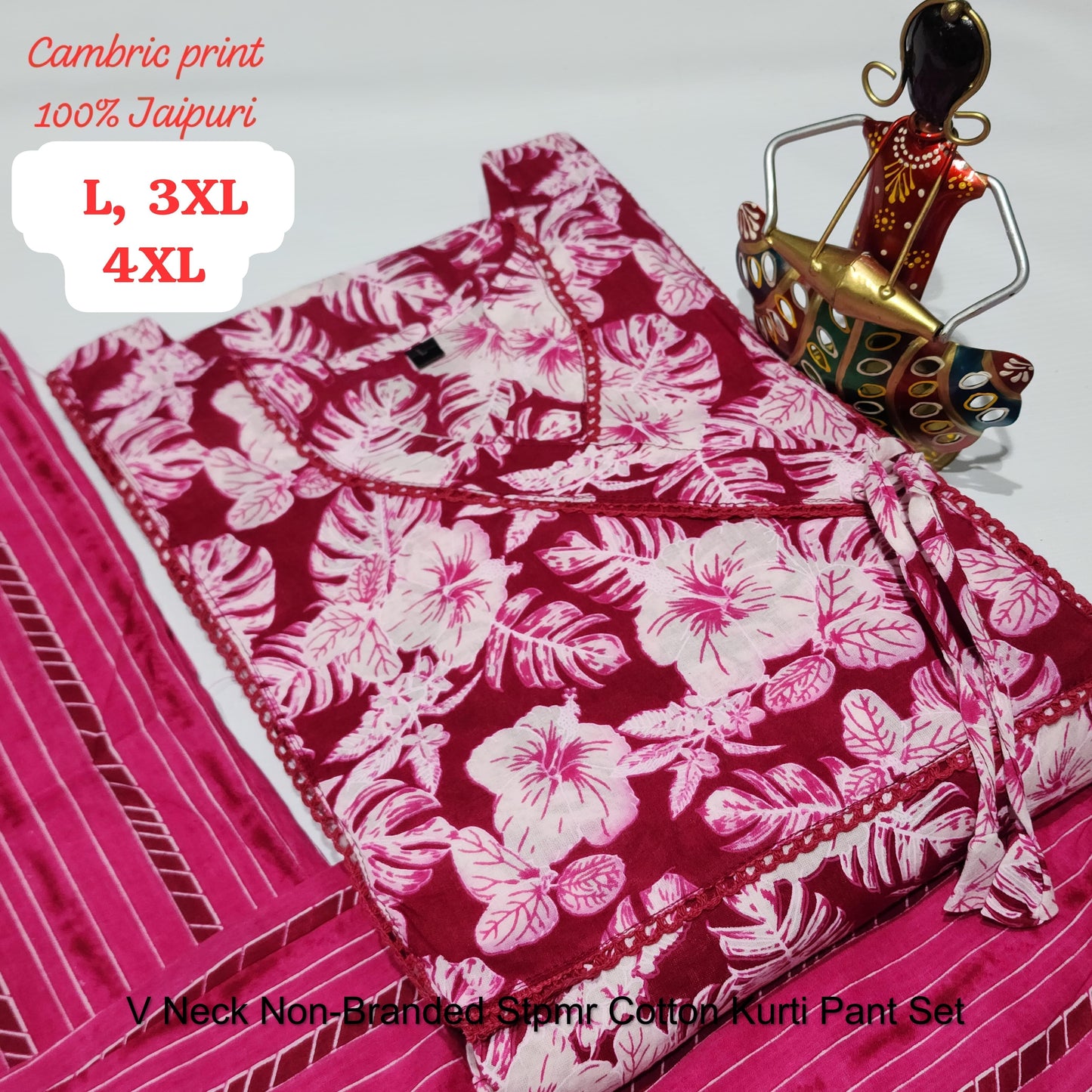 V Neck Non-Branded Stpmr Cotton Kurti Pant Set