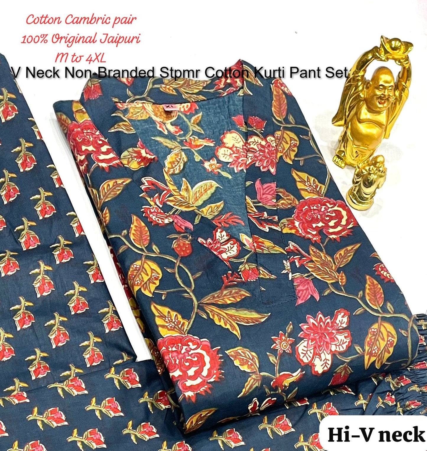 V Neck Non-Branded Stpmr Cotton Kurti Pant Set