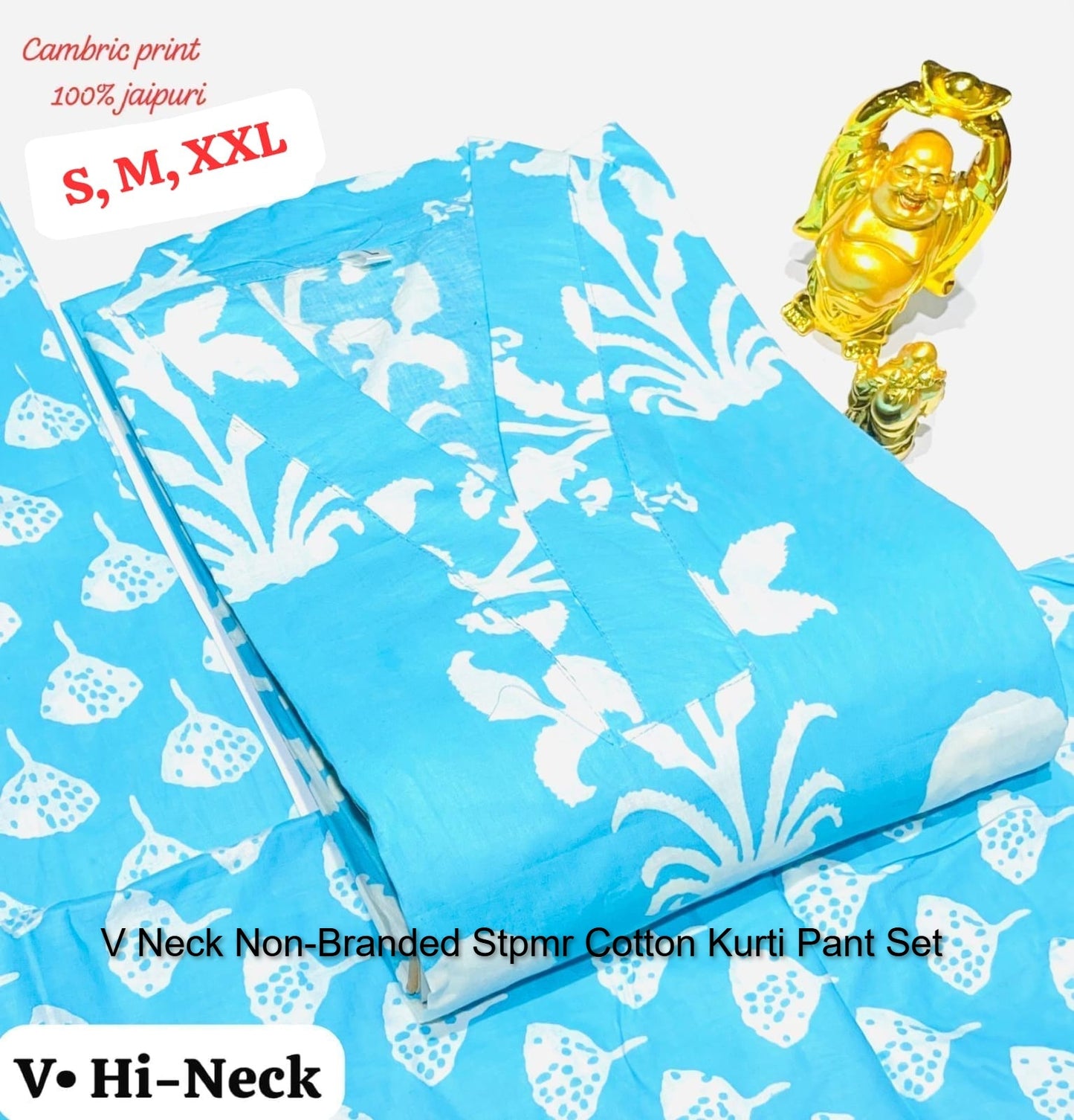 V Neck Non-Branded Stpmr Cotton Kurti Pant Set