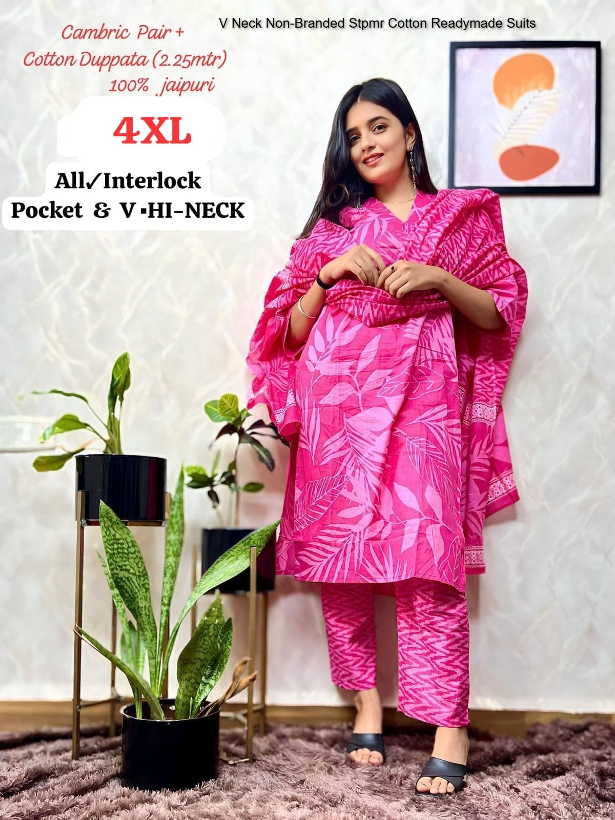 V Neck Non-Branded Stpmr Cotton Readymade Suits