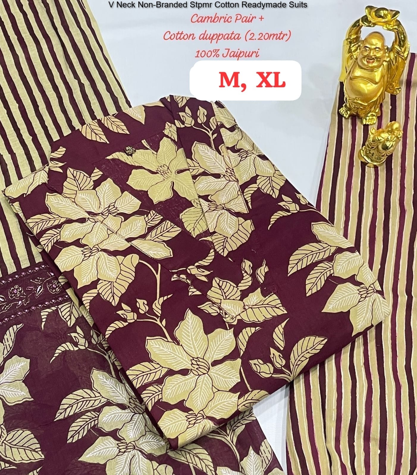 V Neck Non-Branded Stpmr Cotton Readymade Suits