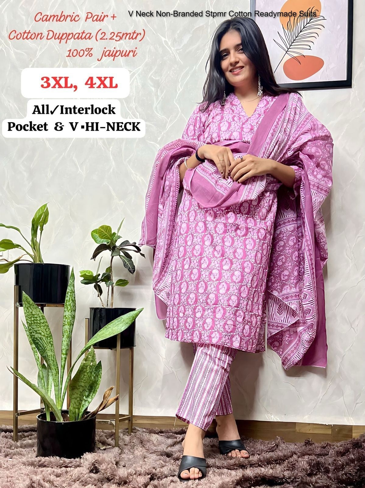 V Neck Non-Branded Stpmr Cotton Readymade Suits