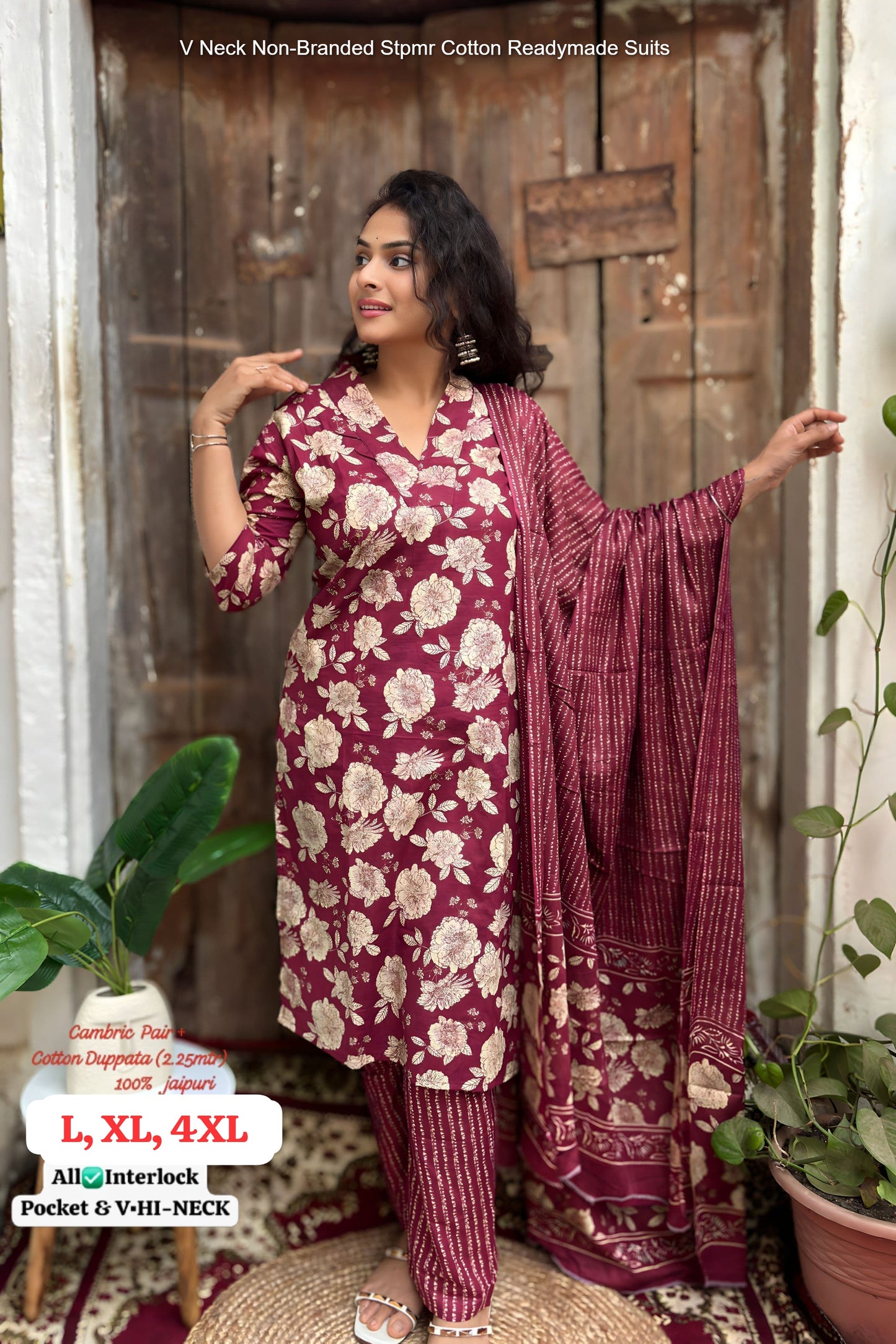 V Neck Non-Branded Stpmr Cotton Readymade Suits