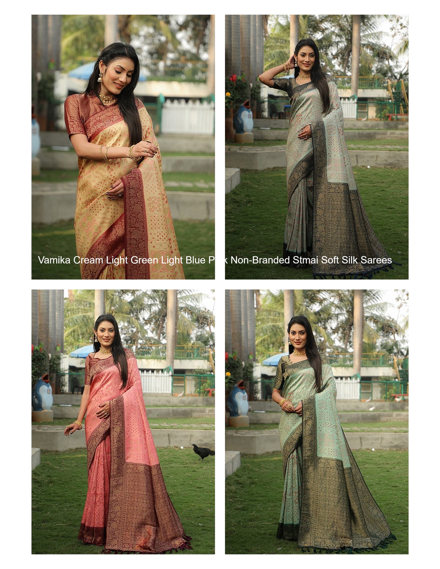 Vamika Cream Light Green Light Blue Pink Non-Branded Stmai Soft Silk Sarees