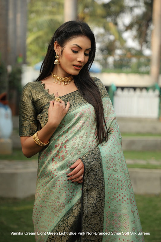 Vamika Cream Light Green Light Blue Pink Non-Branded Stmai Soft Silk Sarees