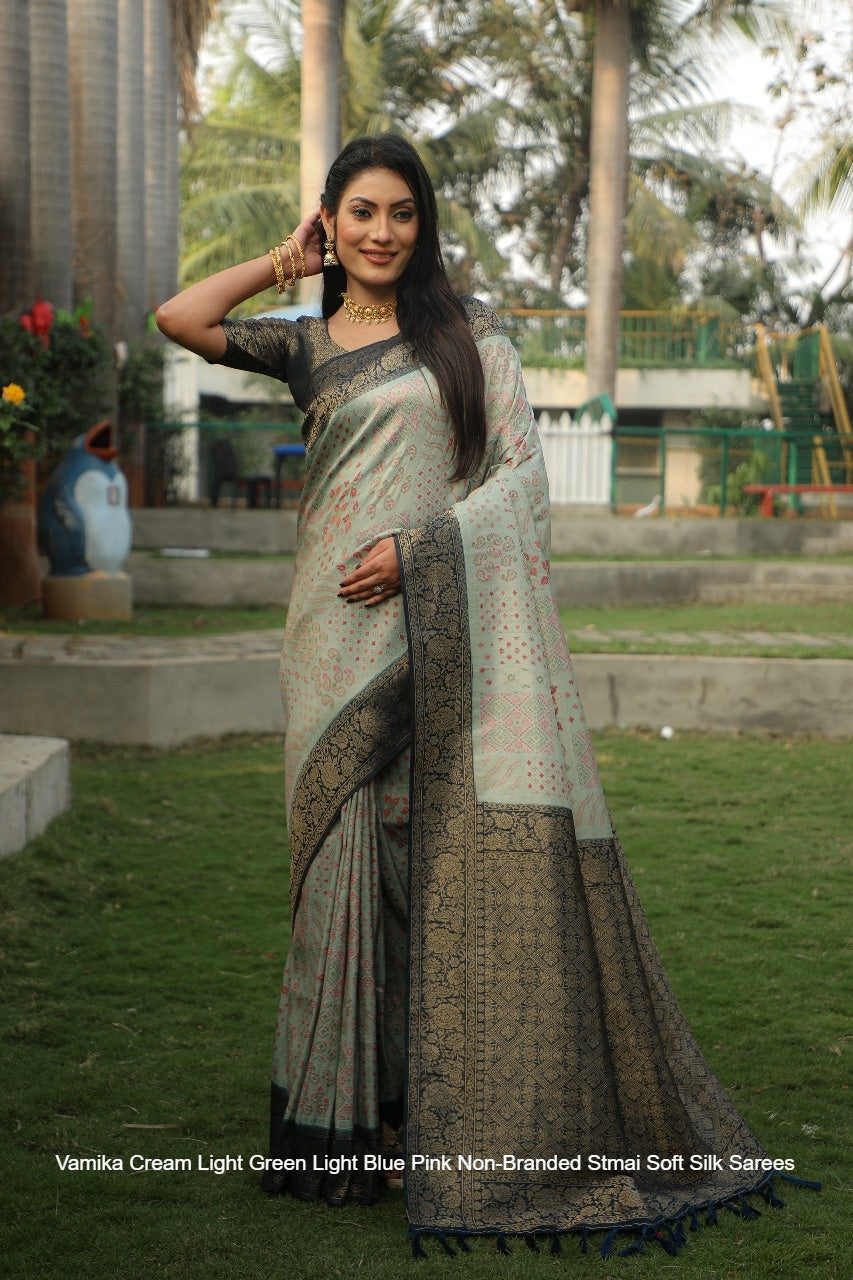Vamika Cream Light Green Light Blue Pink Non-Branded Stmai Soft Silk Sarees