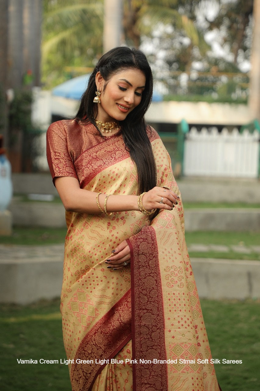 Vamika Cream Light Green Light Blue Pink Non-Branded Stmai Soft Silk Sarees