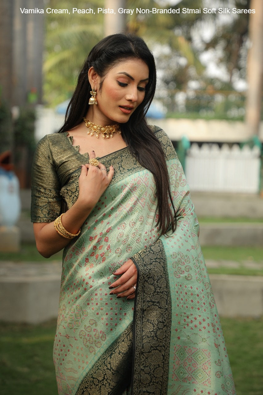 Vamika Cream, Peach, Pista, Gray Non-Branded Stmai Soft Silk Sarees