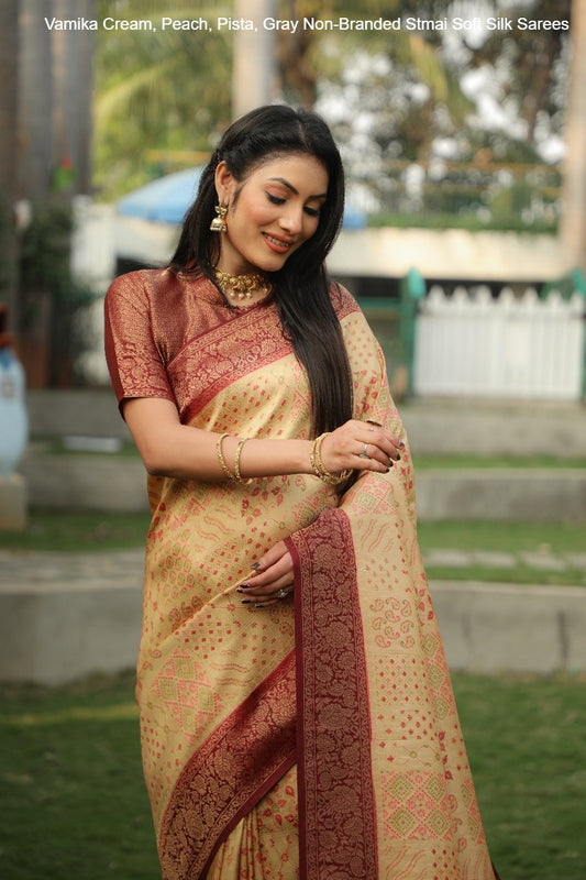 Vamika Cream, Peach, Pista, Gray Non-Branded Stmai Soft Silk Sarees