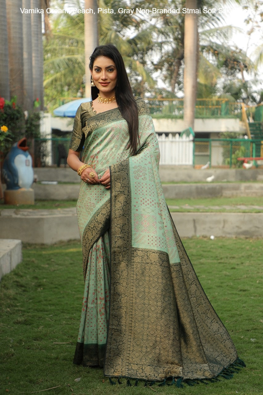 Vamika Cream, Peach, Pista, Gray Non-Branded Stmai Soft Silk Sarees