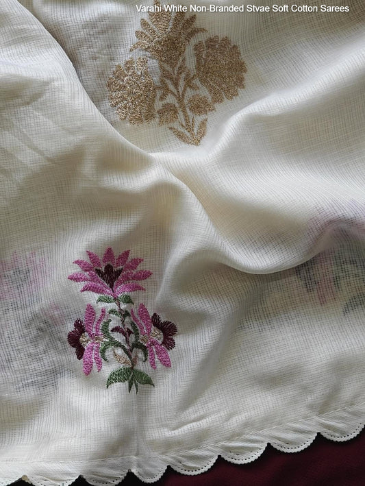 Varahi White Non-Branded Stvae Soft Cotton Sarees