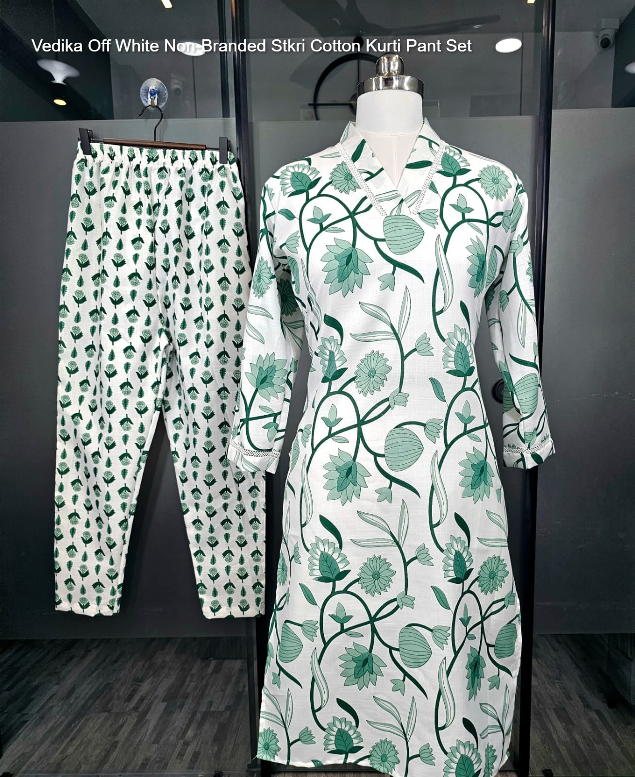 Vedika Off White Non-Branded Stkri Cotton Kurti Pant Set