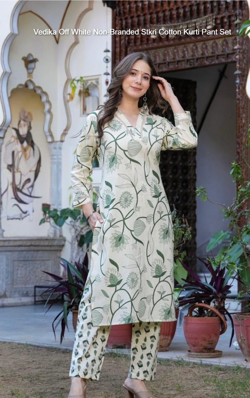 Vedika Off White Non-Branded Stkri Cotton Kurti Pant Set