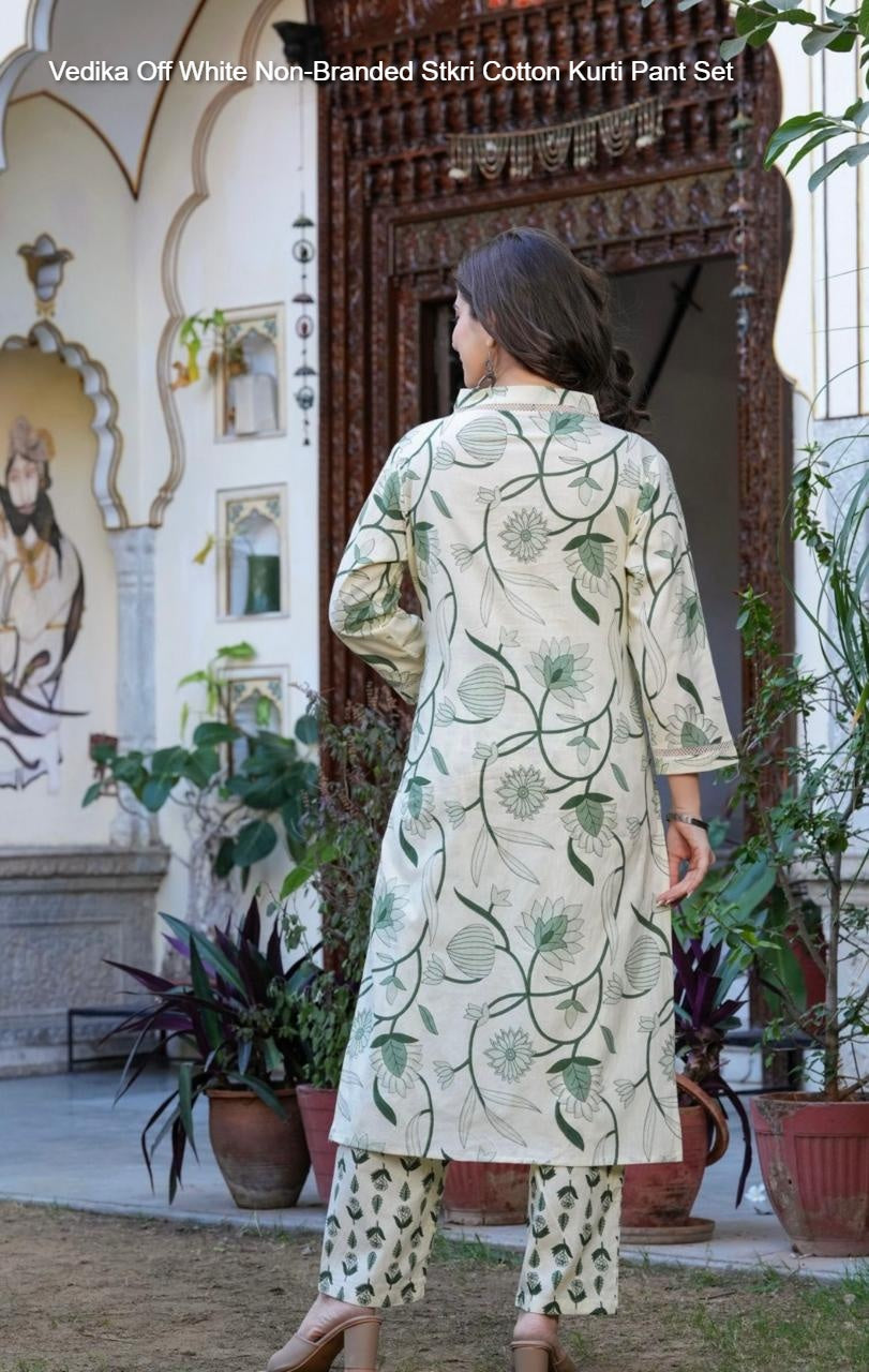 Vedika Off White Non-Branded Stkri Cotton Kurti Pant Set