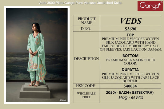 Veds 3690 Pista Ganga Pure Viscose Unstitched Suits