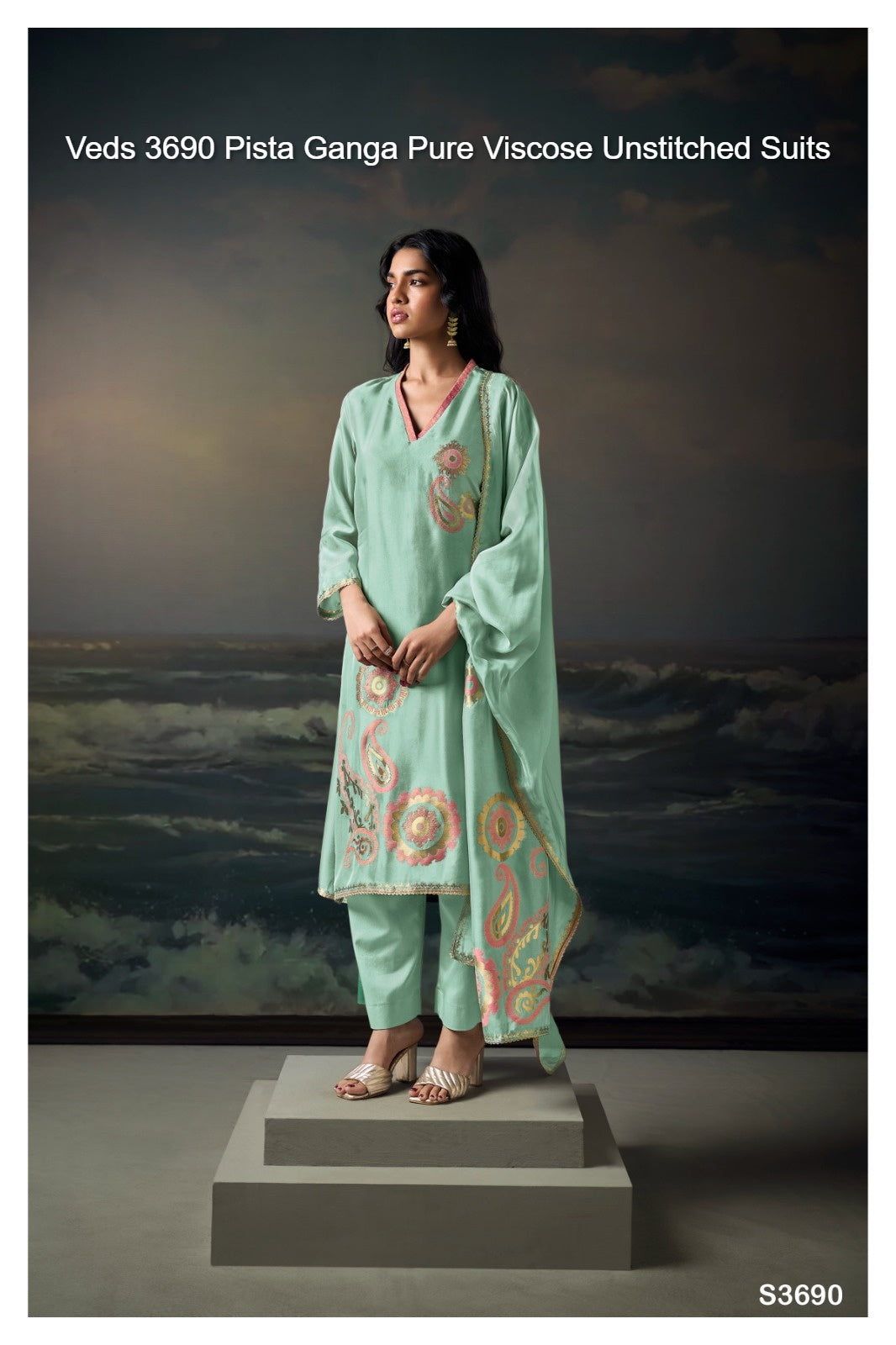 Veds 3690 Pista Ganga Pure Viscose Unstitched Suits