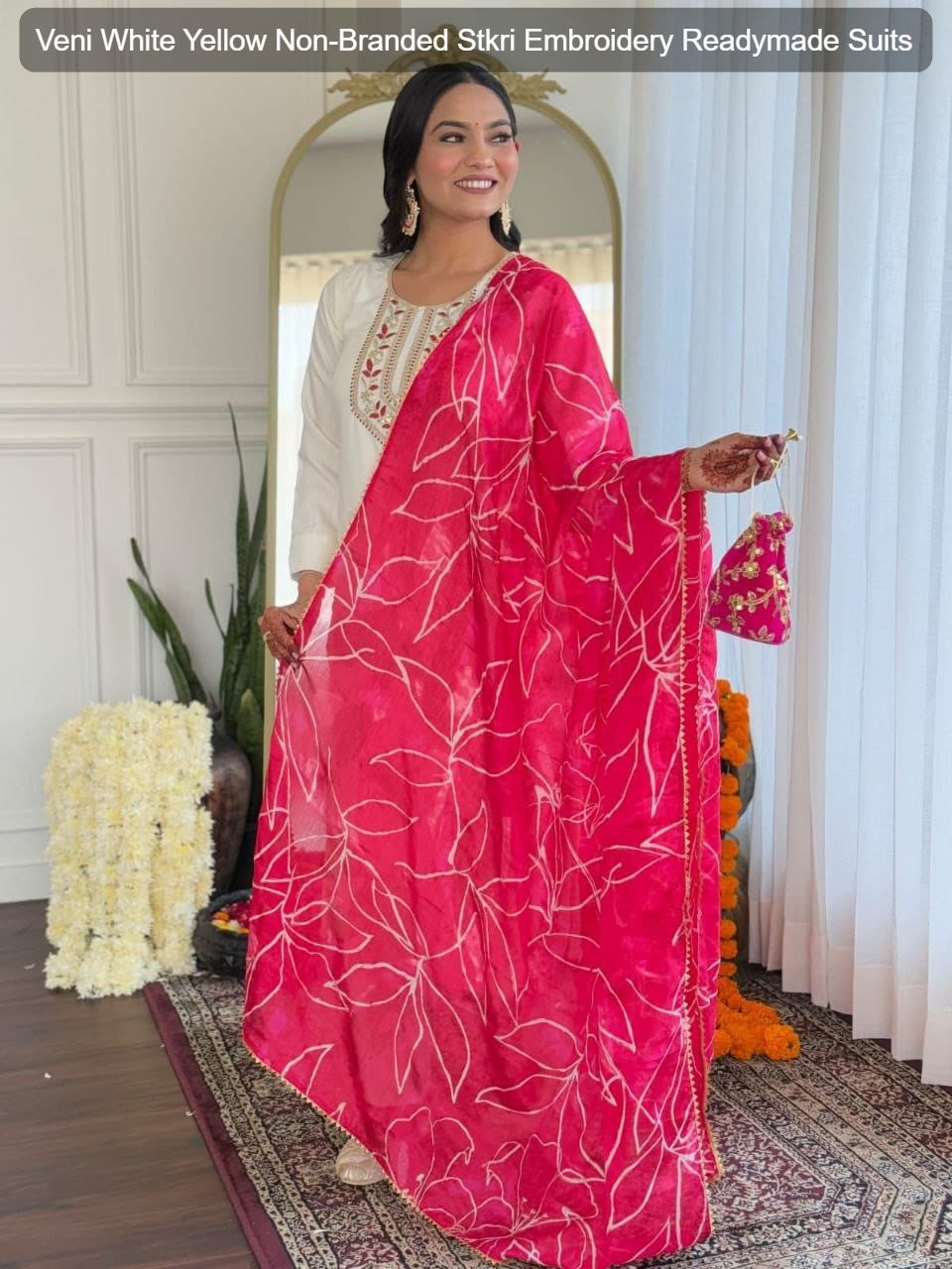 Veni White Yellow Non-Branded Stkri Embroidery Readymade Suits