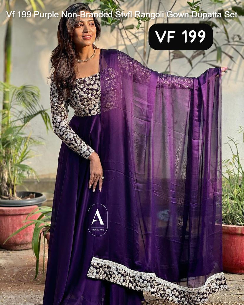 Vf 199 Purple Non-Branded Stvfl Rangoli Gown Dupatta Set