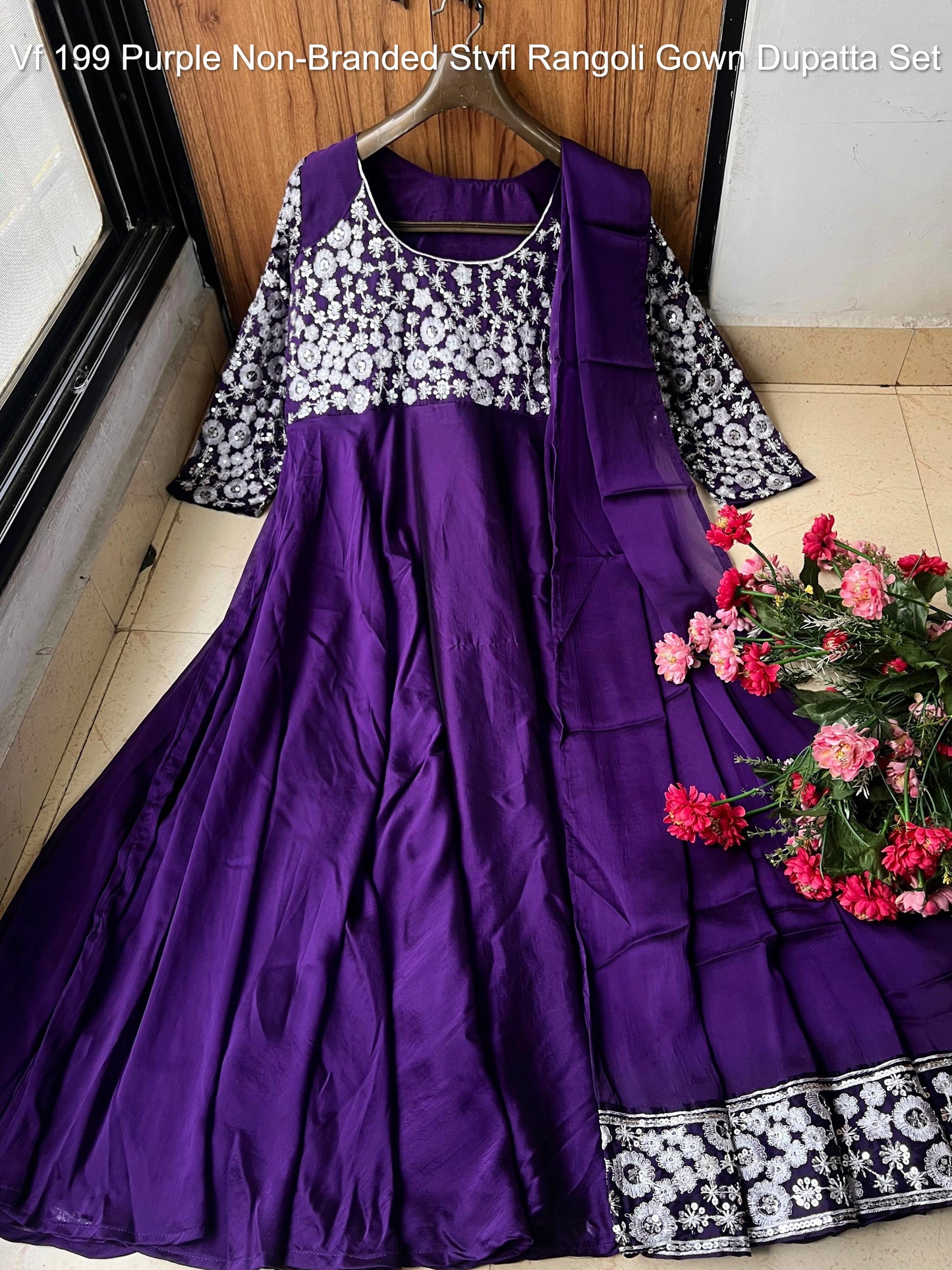 Vf 199 Purple Non-Branded Stvfl Rangoli Gown Dupatta Set