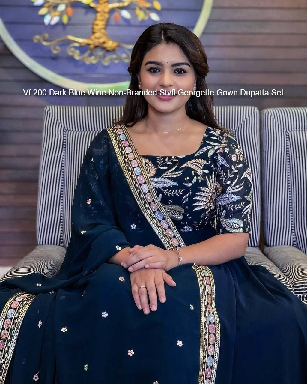 Vf 200 Dark Blue Wine Non-Branded Stvfl Georgette Gown Dupatta Set