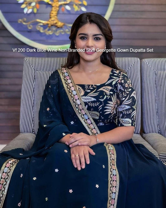 Vf 200 Dark Blue Wine Non-Branded Stvfl Georgette Gown Dupatta Set