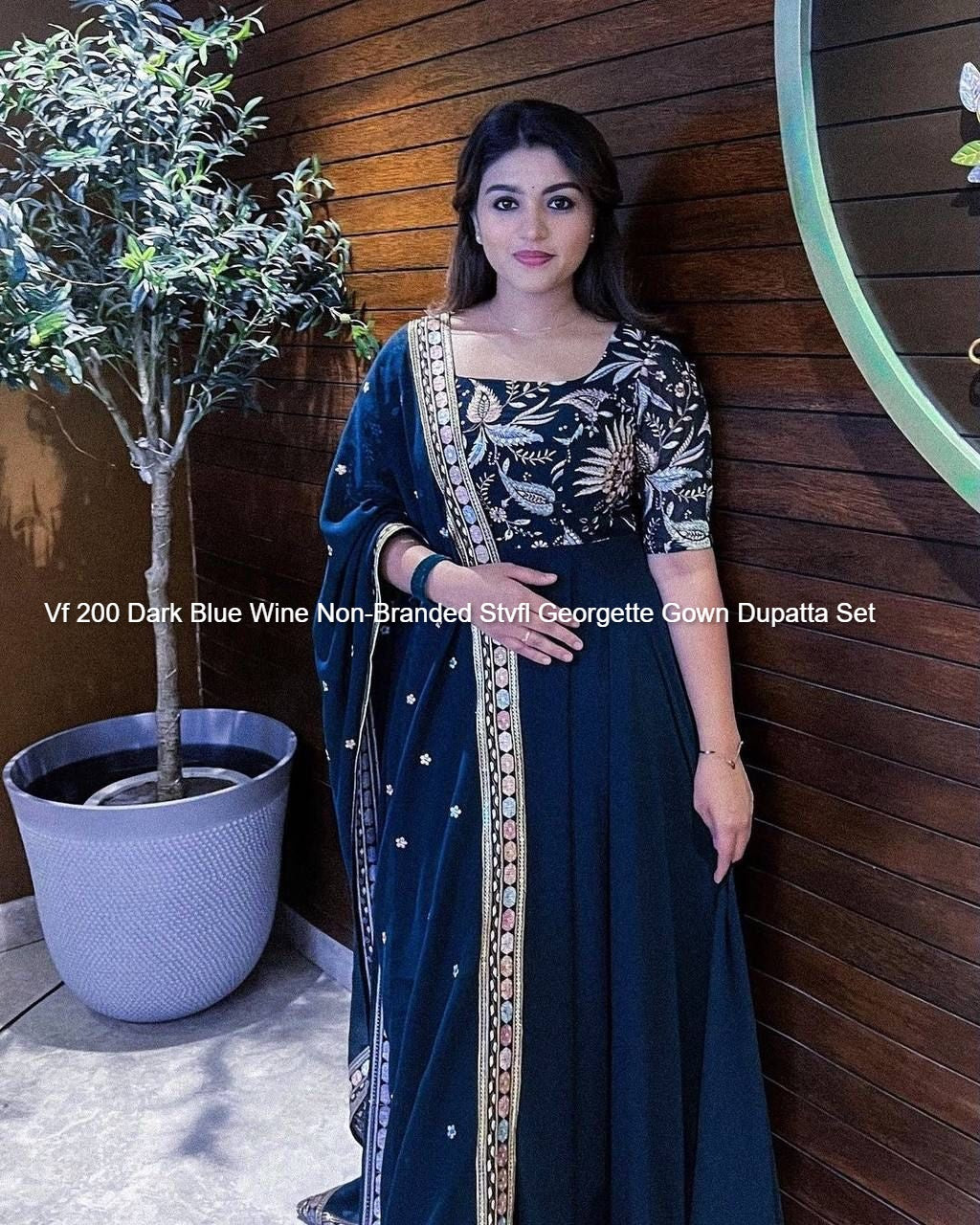 Vf 200 Dark Blue Wine Non-Branded Stvfl Georgette Gown Dupatta Set