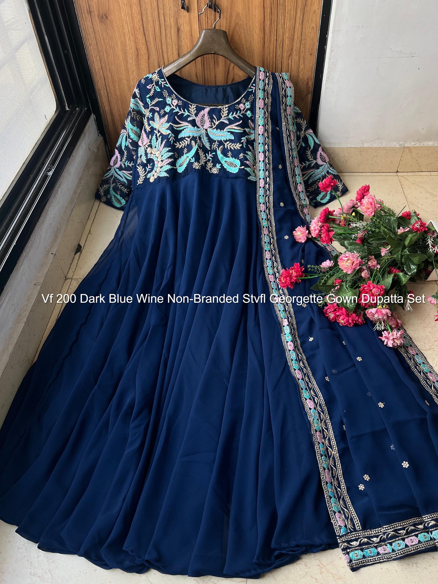 Vf 200 Dark Blue Wine Non-Branded Stvfl Georgette Gown Dupatta Set